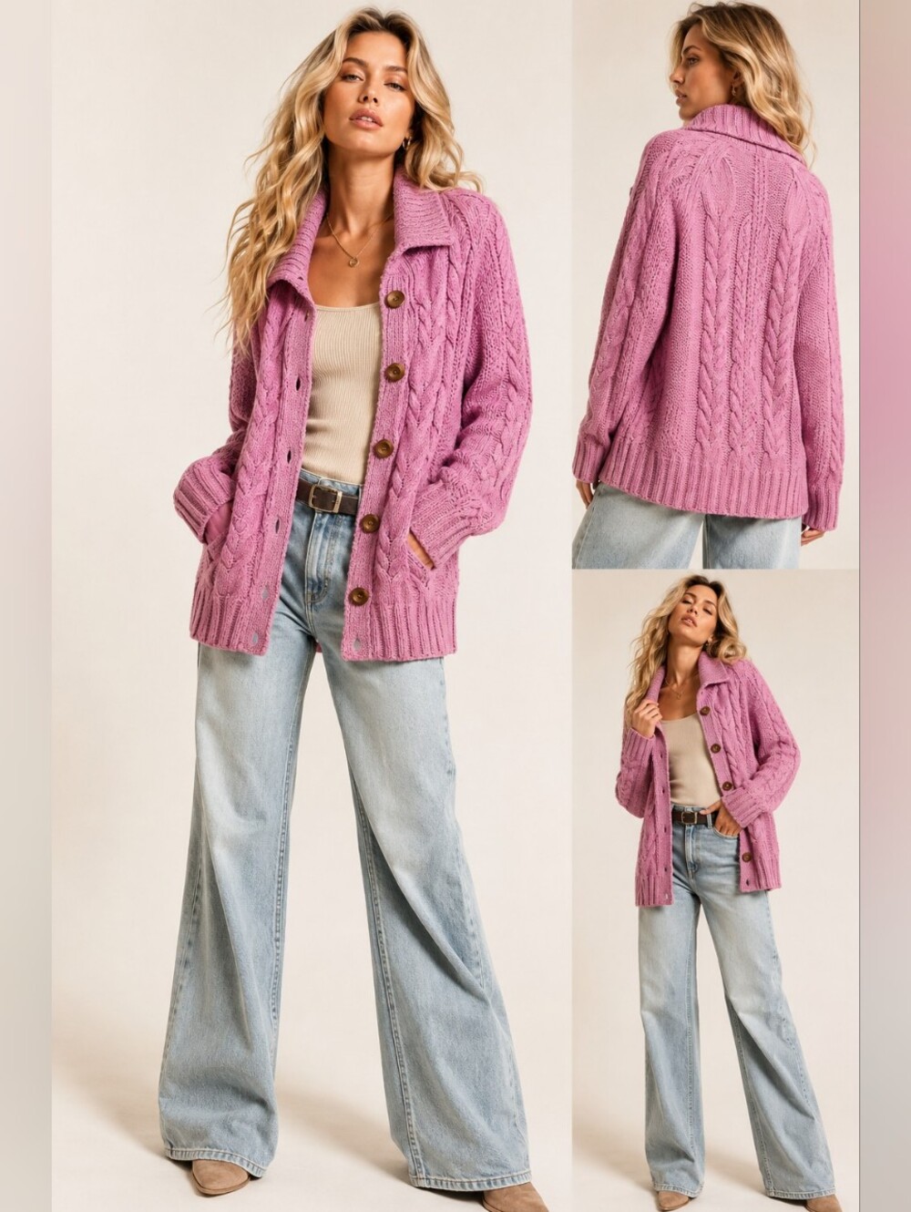 Böhme Pink Cable Knit Button Cardigan Sweater S/M